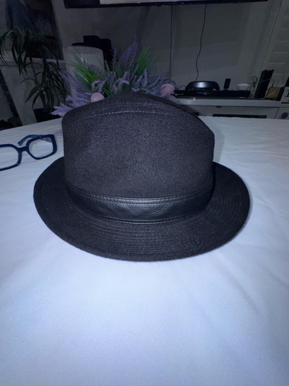 Hermes- Authentic Black Cashmere Funky
Leather Trim Fedora Hat
